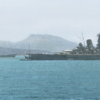 トラック泊地の連合艦隊旗艦戦艦武蔵（手前）と戦艦大和（後方）